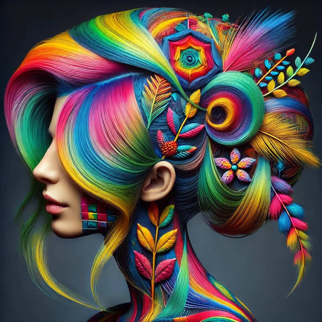 DALL·E 2024-10-24 17.14.56 - A vibrant and creative hair art design, showcasing a mix of vivid colors and intricate patterns. The hair is styled in an artistic and sculptural way,