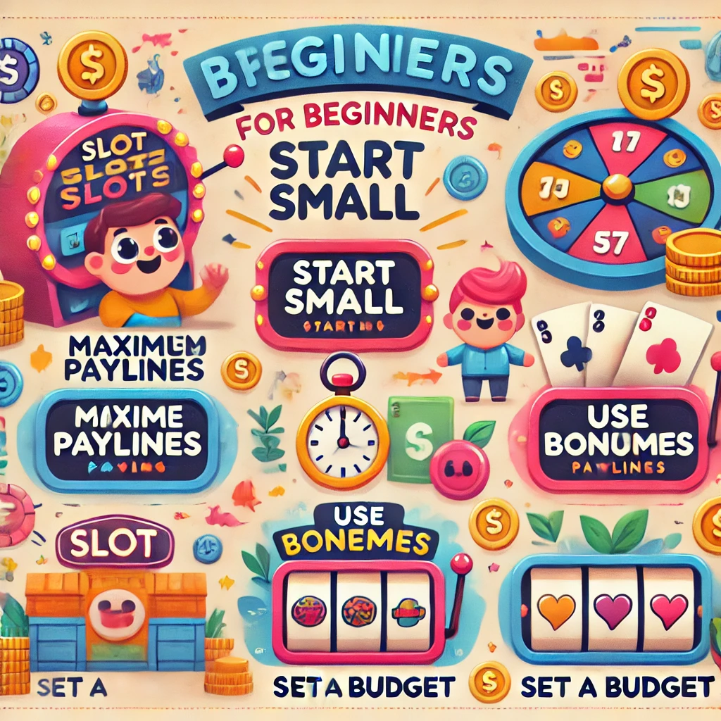 DALL·E 2024-11-06 12.58.39 - A cheerful and informative infographic for beginners on slot site strategies, displaying tips like 'Start Small,' 'Maximize Paylines,' 'Use Bonuses Wi