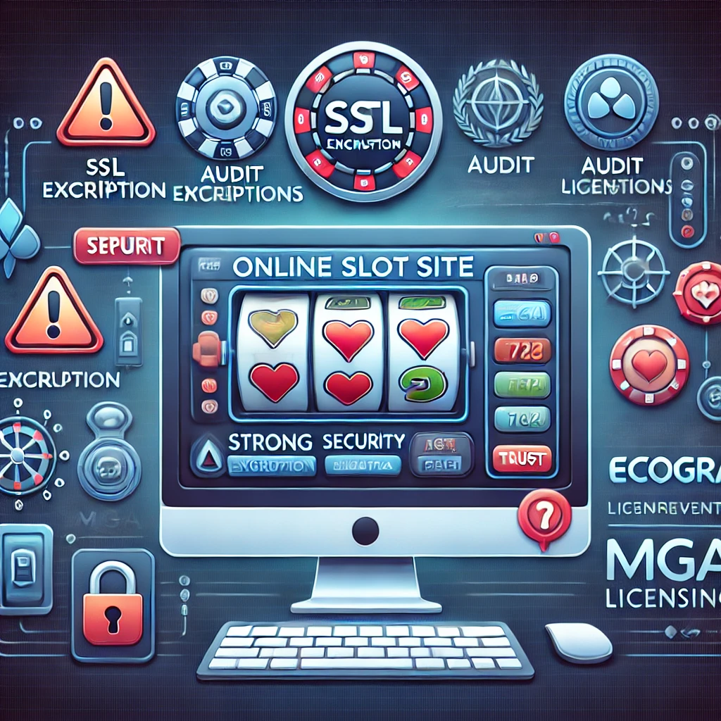 DALL·E 2024-11-09 13.24.39 - A computer screen showcasing an online slot site with strong security indicators such as SSL encryption, audit certifications like eCOGRA, and MGA lic