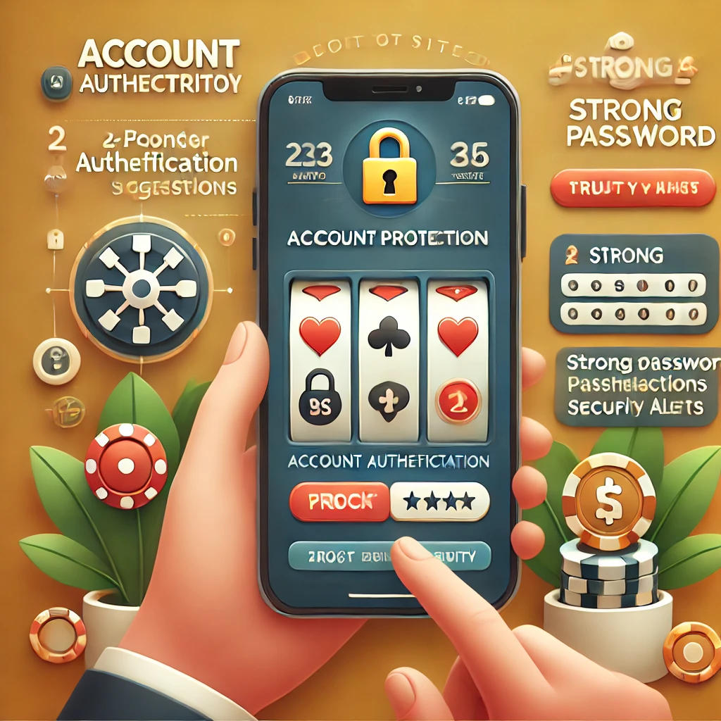 DALL·E 2024-11-09 13.34.53 - A smartphone screen showing an online slot site interface with account protection features highlighted, including 2-factor authentication, strong pass