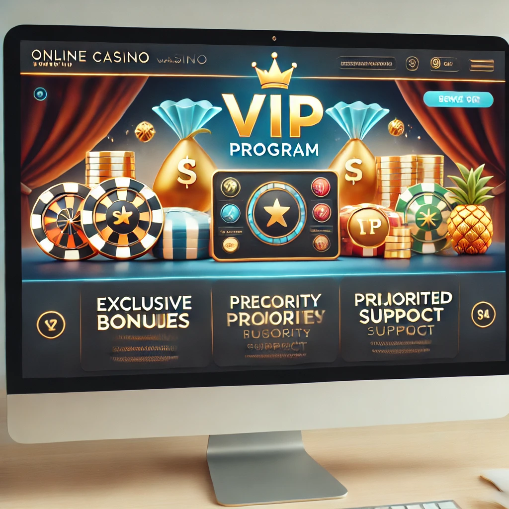 DALL·E 2024-11-09 14.35.59 - A computer screen displaying an online casino VIP program page, with benefits highlighted such as exclusive bonuses, priority support, and personalize