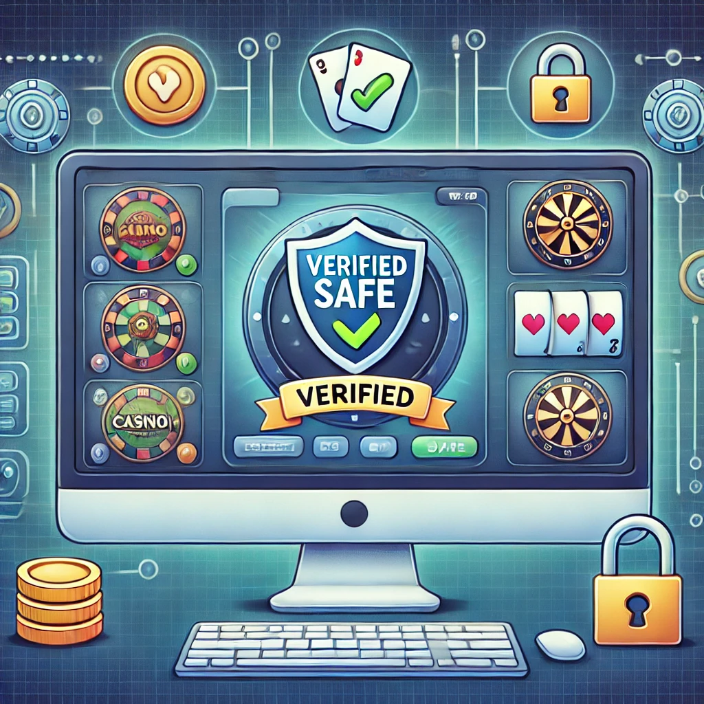 DALL·E 2024-11-11 15.08.34 - An illustration of a secure and verified online casino site interface on a computer screen. The interface should feature casino game icons and a 'Veri