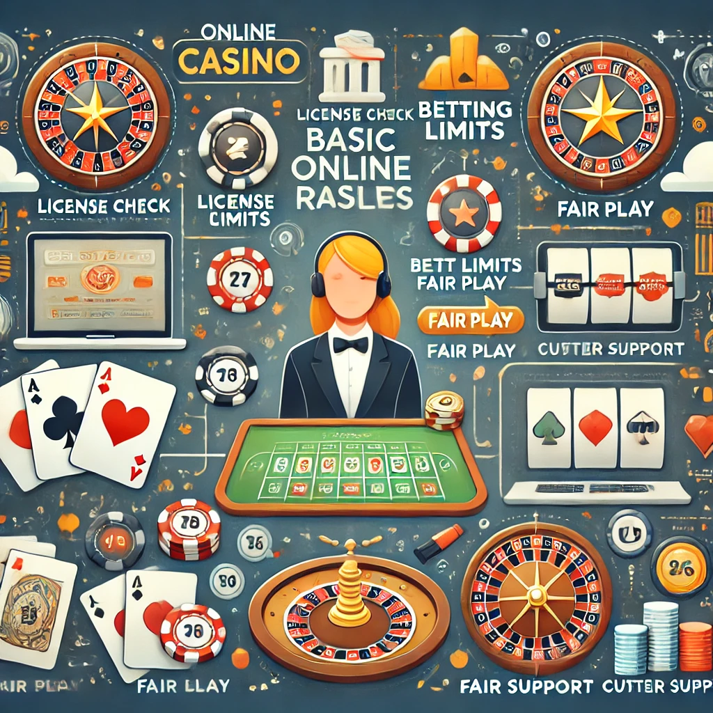 DALL·E 2024-11-12 12.31.50 - A modern infographic-style illustration explaining basic online casino rules. Icons for license check, betting limits, fair play, and customer support