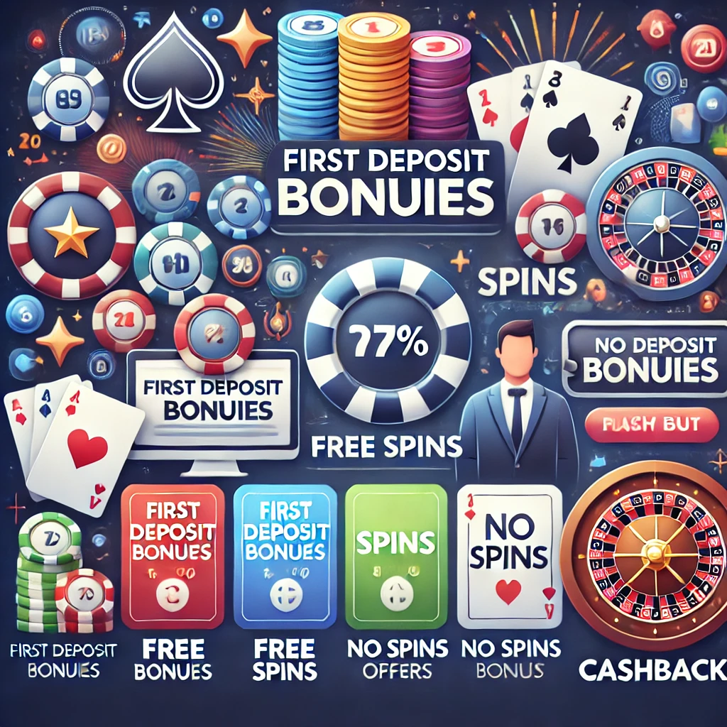 DALL·E 2024-11-12 15.35.22 - An infographic-style digital illustration showcasing popular casino bonuses, including first deposit bonuses, free spins, no deposit offers, and cashb