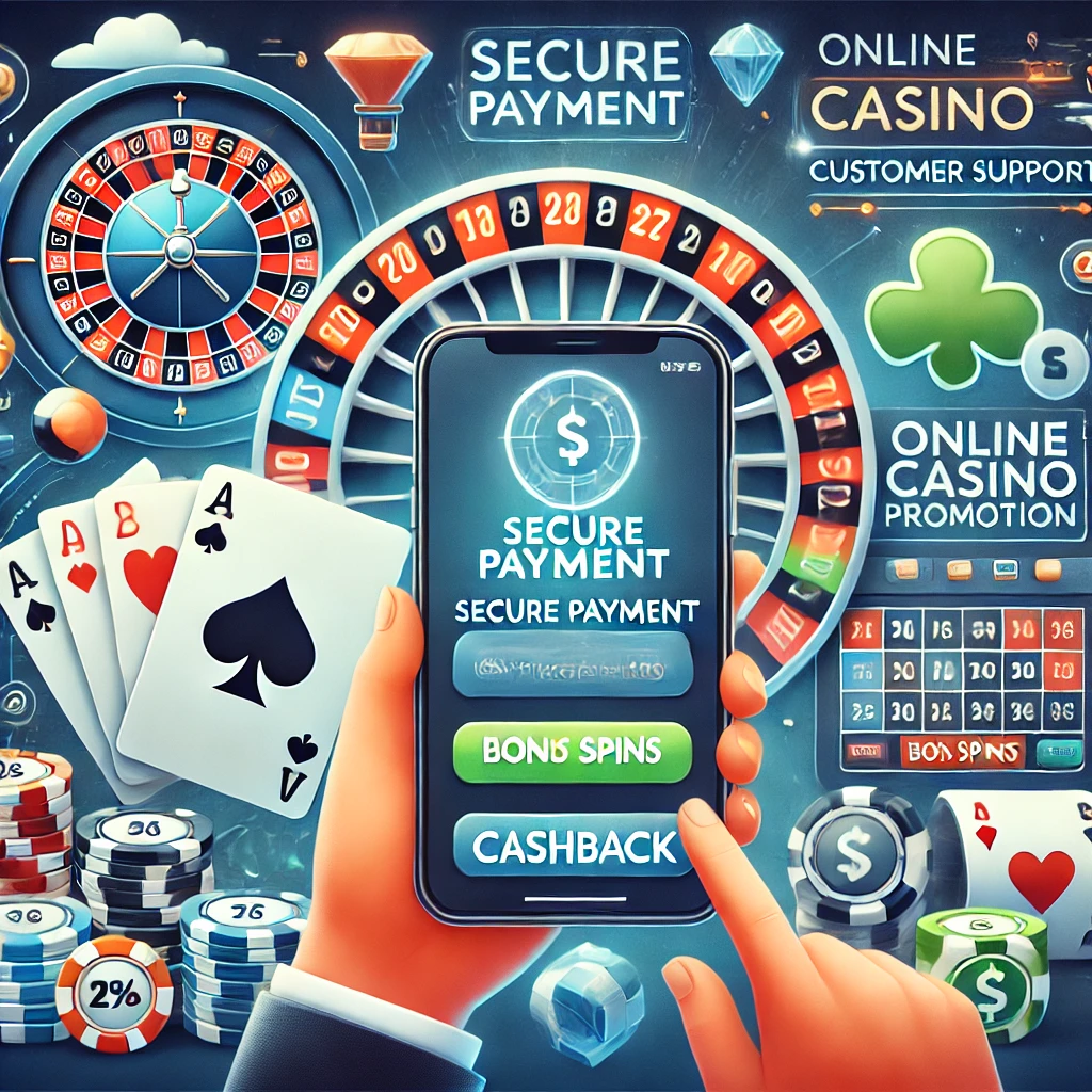 DALL·E 2024-11-12 15.35.23 - A digital illustration of an online casino promotion with secure payment options, customer support icons, and bonus offers like free spins and cashbac