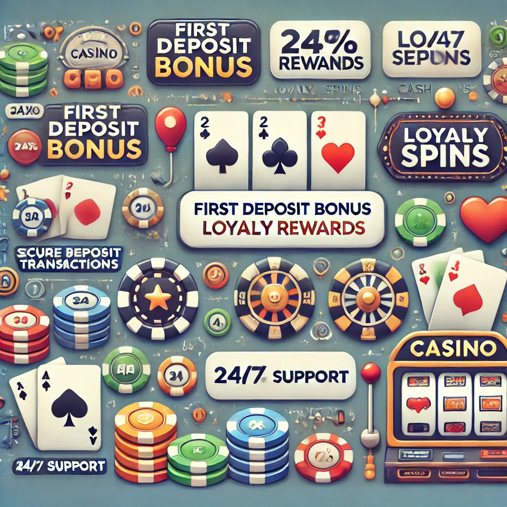 DALL·E 2024-11-12 15.36.00 - A detailed illustration of an online casino interface highlighting promotions like first deposit bonus, loyalty rewards, free spins, and cashback. Inc