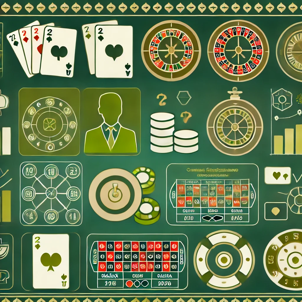 DALL·E 2024-11-14 12.47.18 - An illustration showcasing various casino game strategies with symbols representing different games like blackjack, roulette, and baccarat. Include st