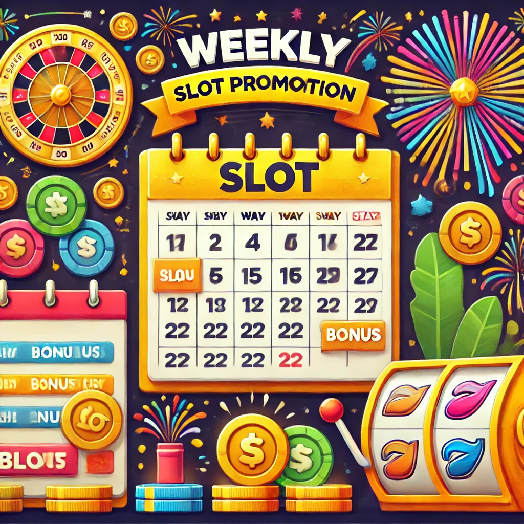 DALL·E 2024-11-18 11.02.27 - An infographic-style design highlighting the benefits of a weekly slot promotion. The image includes a calendar, slot reels, bonus chips, and celebrat