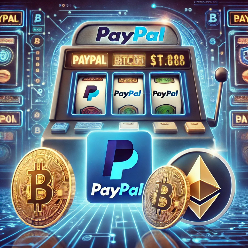 DALL·E 2024-11-20 12.15.48 - A digital concept of an online slot site featuring PayPal and cryptocurrency payment methods. The design includes icons of a PayPal logo, Bitcoin, and