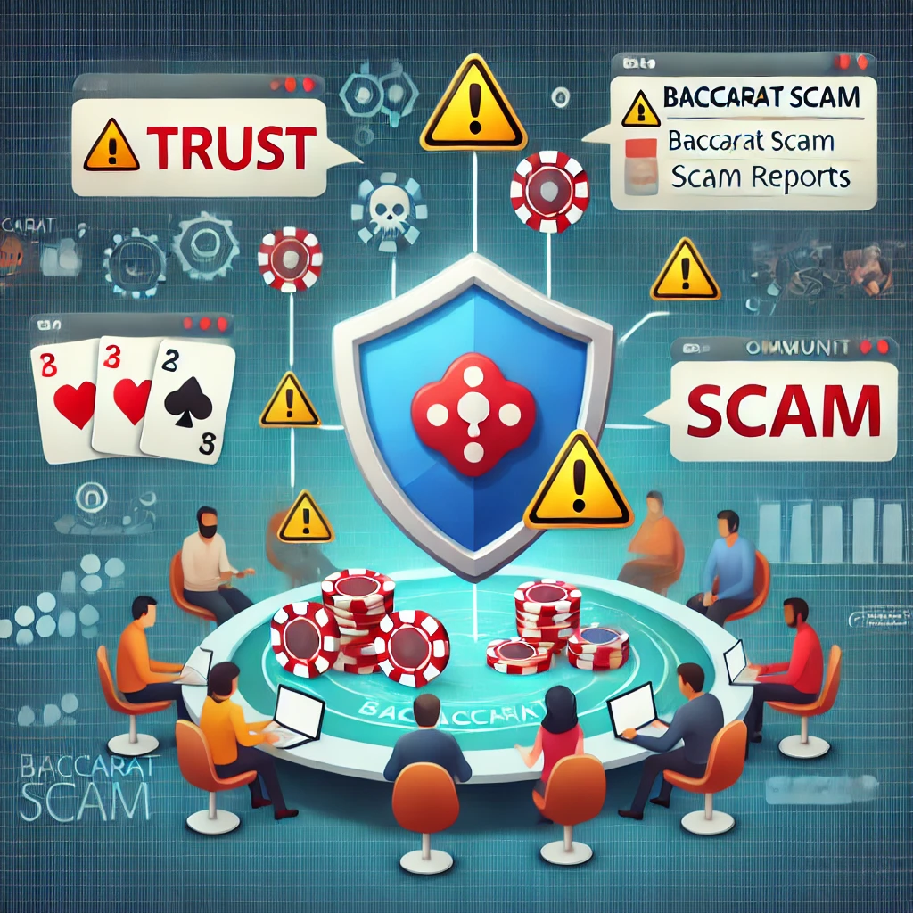 DALL·E 2024-11-20 12.28.18 - A conceptual illustration of users sharing baccarat scam experiences on a forum, with symbols of trust like shields and warning icons. The background