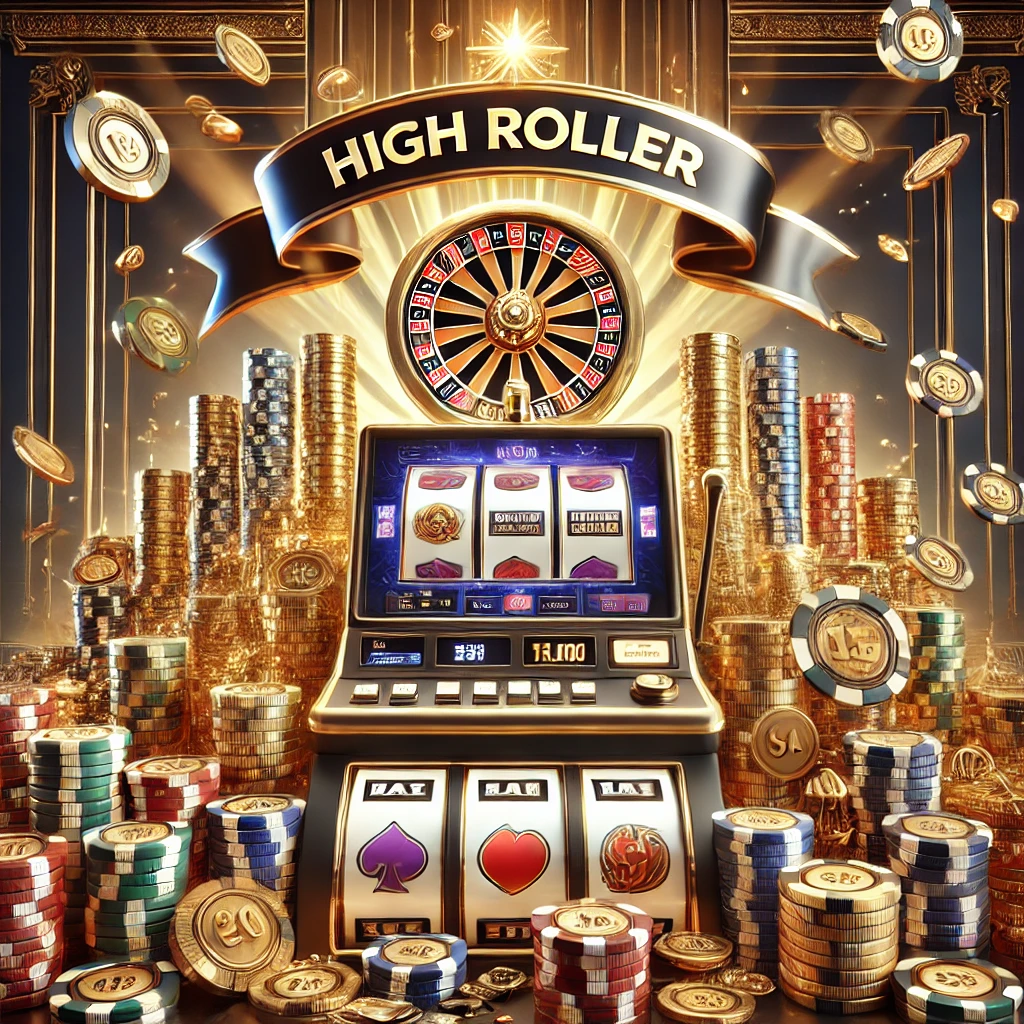 DALL·E 2024-11-21 14.03.35 - An engaging and luxurious image of a high-stakes online slot platform, featuring a digital slot machine surrounded by high-value chips, gold accents,