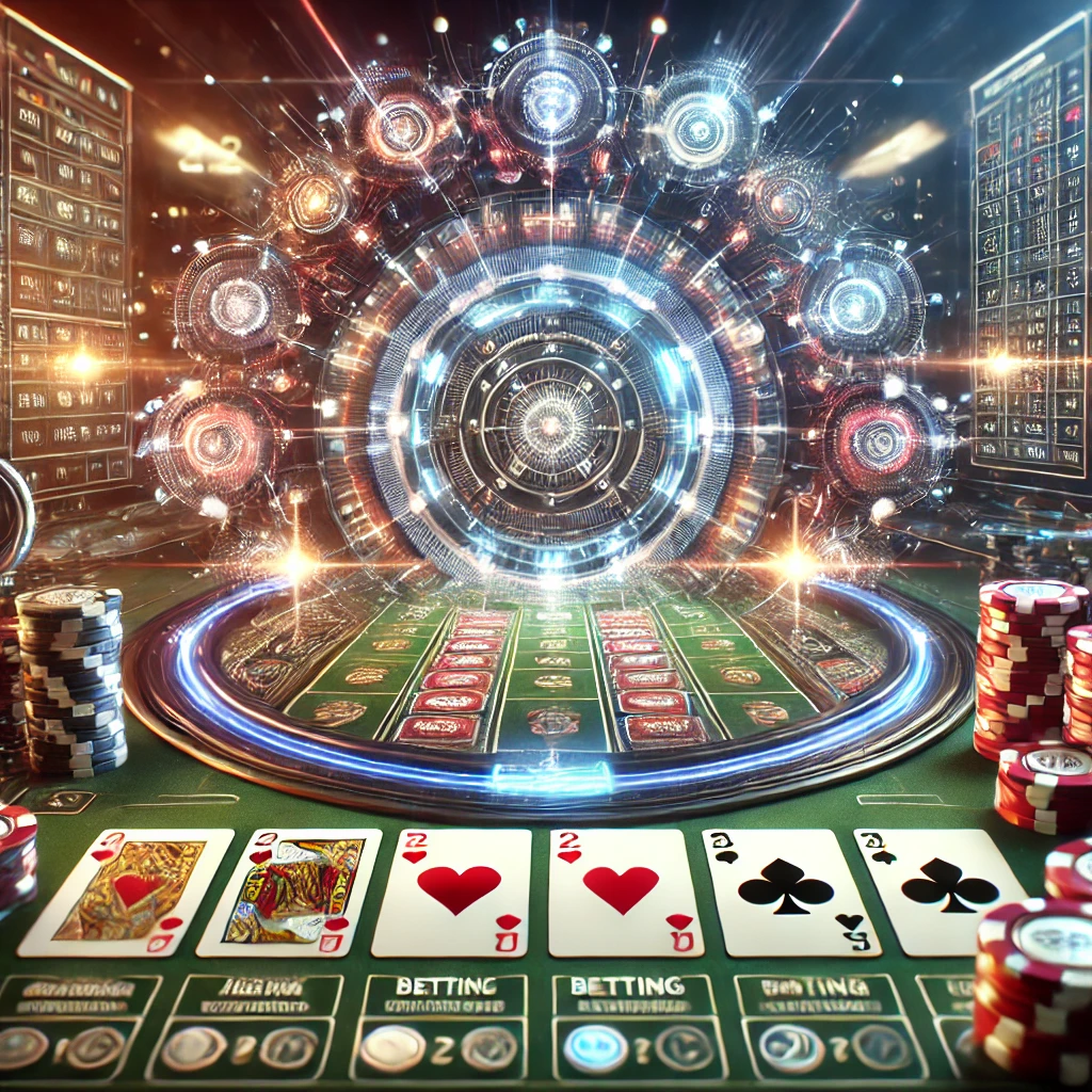 DALL·E 2024-11-21 14.13.19 - An immersive and detailed image showcasing a digital video poker game interface, featuring playing cards, betting options, and glowing digital effects