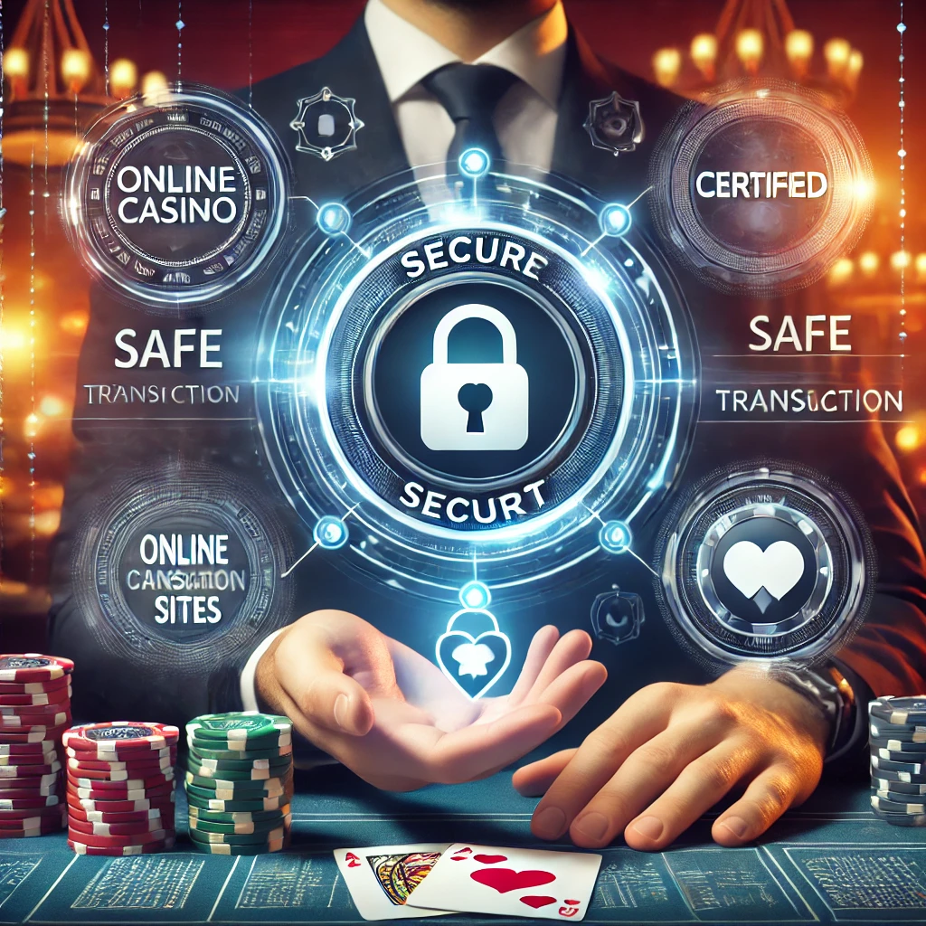 DALL·E 2024-11-21 14.22.08 - A professional and secure image emphasizing trust in online casino sites. The image includes symbols of security like a digital lock, a certified badg