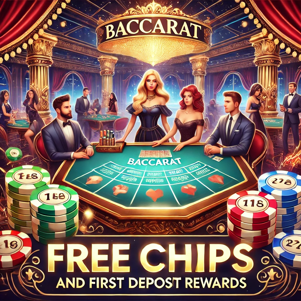 DALL·E 2024-11-26 11.27.31 - A vivid illustration of baccarat bonuses, including free chips and first deposit rewards, with a luxurious baccarat table and promotional banners. The