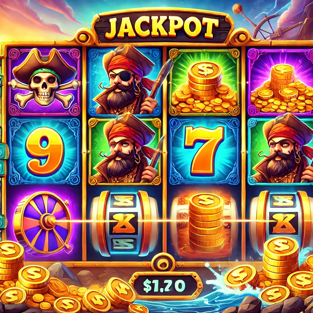 DALL·E 2024-11-28 12.04.08 - A vibrant online slot game screen with colorful reels featuring a treasure adventure theme, golden coins, and jackpot symbols, emphasizing excitement