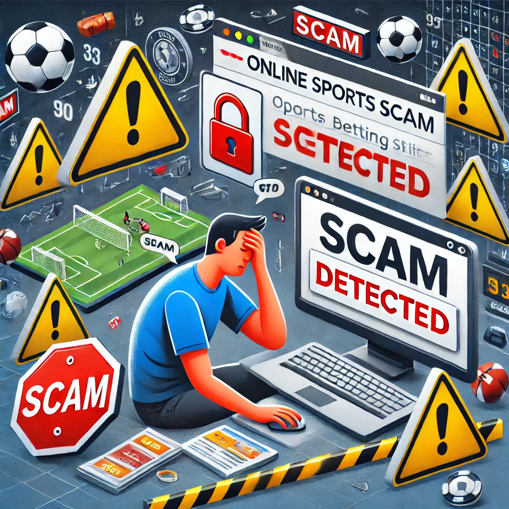 DALL·E 2024-11-28 12.07.36 - An alerting visual representation of an online sports scam scenario with a user frustrated due to an inaccessible sports betting site, surrounded by w