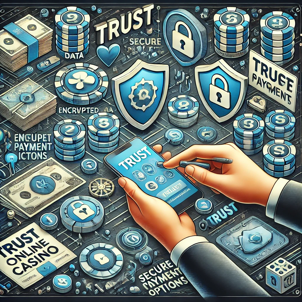 DALL·E 2024-11-29 11.22.12 - A detailed and engaging depiction of a safe and reliable online casino environment, featuring trust badges, security symbols like shields and padlocks