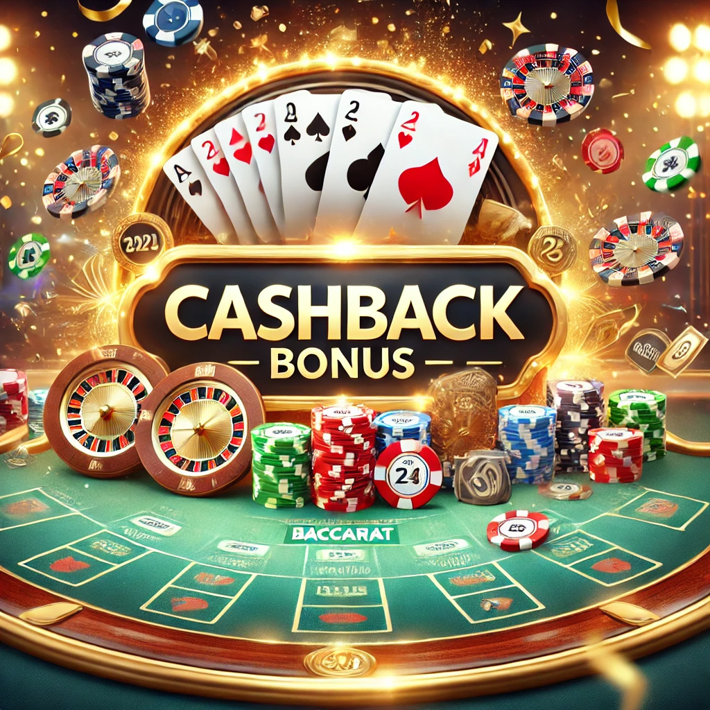 DALL·E 2024-11-06 15.23.59 - A vibrant image of a casino cashback event theme with baccarat elements. The image shows a large 'Cashback Bonus' banner with playing cards, poker chi