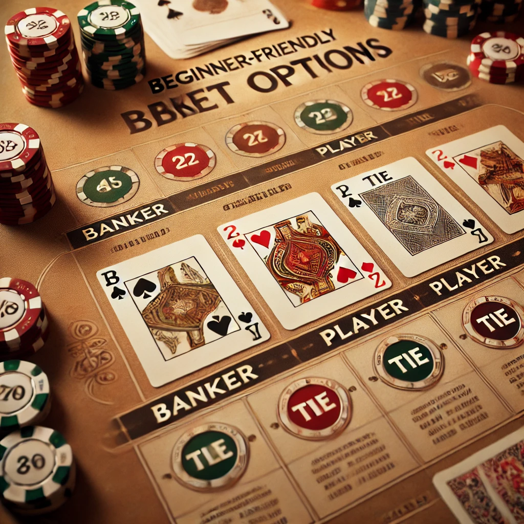 DALL·E 2024-11-07 10.19.44 - A detailed image of a baccarat game table showing beginner-friendly bet options such as 'Banker,' 'Player,' and 'Tie' with chips on each option. The s