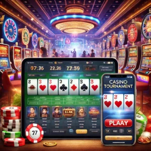 DALL·E 2024-11-07 15.36.56 - A tablet and a smartphone displaying an online casino tournament interface featuring various games like slots and blackjack, with real-time scoreboard