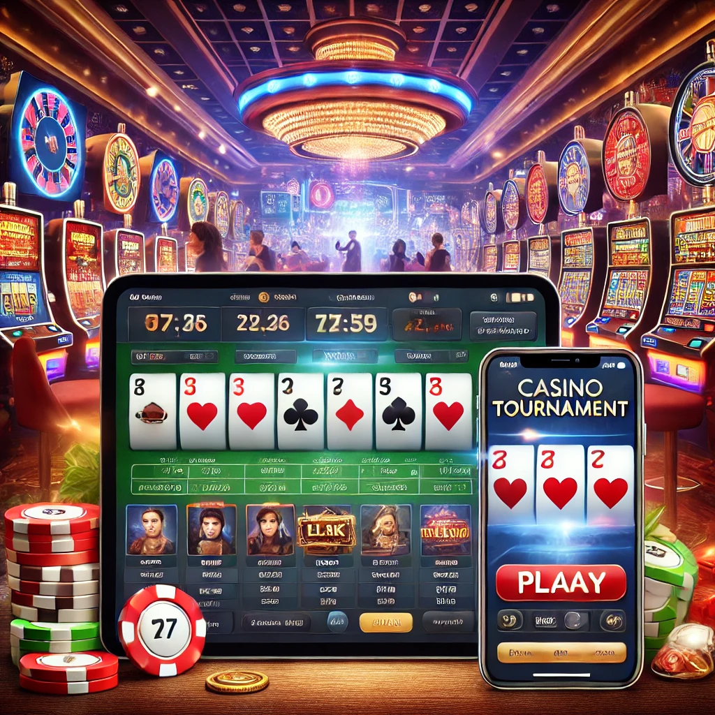 DALL·E 2024-11-07 15.36.56 - A tablet and a smartphone displaying an online casino tournament interface featuring various games like slots and blackjack, with real-time scoreboard