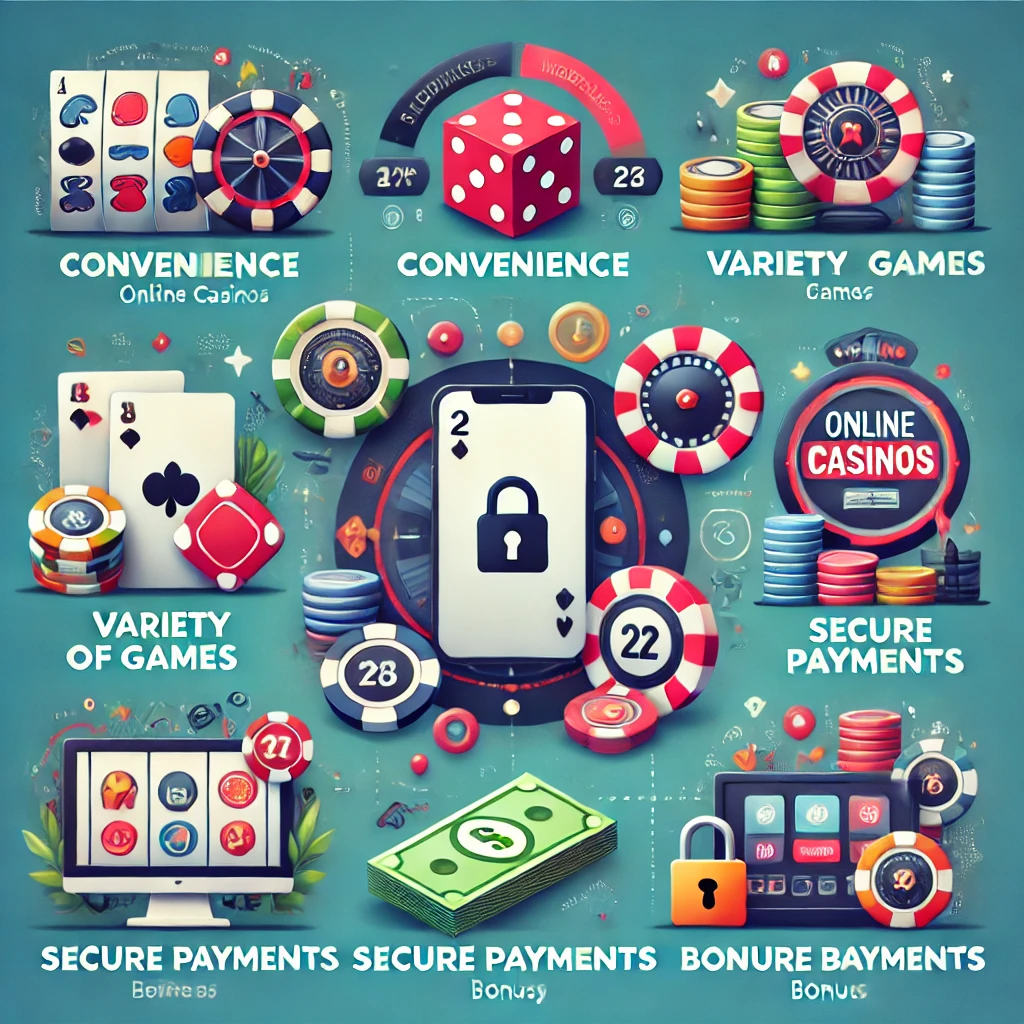 DALL·E 2024-11-08 11.50.58 - An infographic showcasing the features and benefits of online casinos, including icons and text for 'Convenience,' 'Variety of Games,' 'Secure Payment