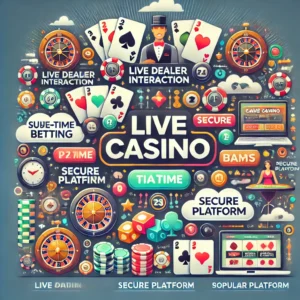 DALL·E 2024-11-08 12.05.59 - An infographic showcasing the features of live casino gaming, with icons and text for elements like 'Live Dealer Interaction,' 'Real-time Betting,' 'S