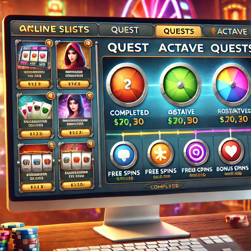 DALL·E 2024-11-08 14.29.44 - A computer screen displaying an online slot site interface featuring a quest progression bar, mission objectives, and colorful slot game icons. The in