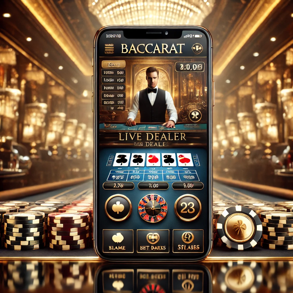 DALL·E 2024-11-08 16.26.25 - A smartphone screen showcasing a high-stakes online baccarat site interface, featuring live dealer gameplay, large betting options, and a sophisticate