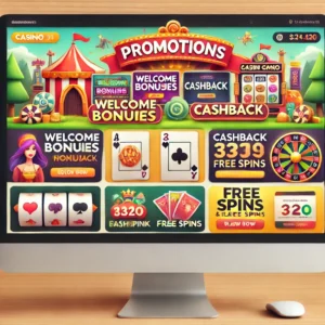 DALL·E 2024-11-09 14.19.53 - A computer screen displaying an online casino site with a 'Promotions' section, showcasing various offers like welcome bonuses, cashback, and free spi