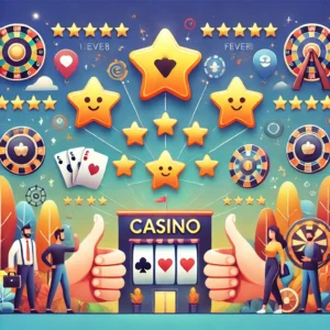 DALL·E 2024-11-09 14.51.08 - A stylized graphic depicting users giving positive reviews and ratings for an online casino, showing trustworthiness and community support, including