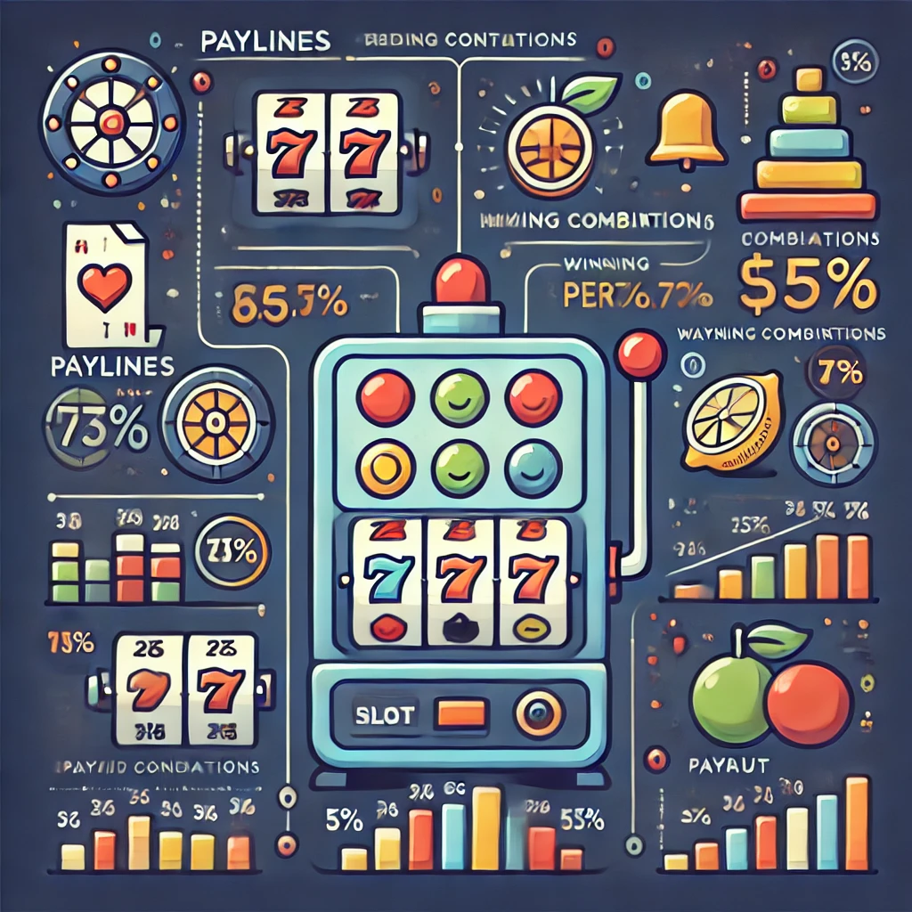 DALL·E 2024-11-12 12.19.00 - A digital illustration showing a breakdown of slot machine probability concepts with icons for paylines, winning combinations, and payout percentages