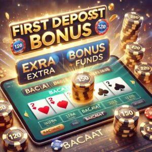 DALL·E 2024-11-12 12.26.22 - A digital illustration showcasing an online casino first deposit bonus for baccarat. The image shows bonus coins and banners labeled 'First Deposit Bo