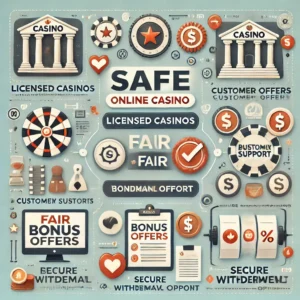 DALL·E 2024-11-12 12.53.12 - A visual guide to safe online casino usage showing key elements like licensed casinos, fair bonus offers, reliable customer support, and secure withdr