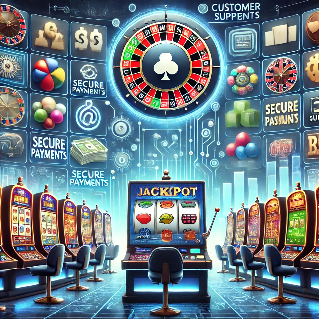 DALL·E 2024-11-13 15.05.36 - A sophisticated online casino scene with rows of colorful slot machines, roulette wheels, and a prominent jackpot display. The background includes ico