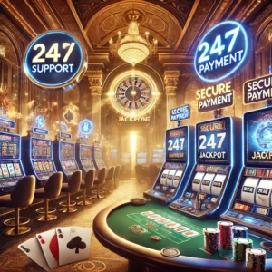 DALL·E 2024-11-13 15.05.38 - A luxurious digital casino scene featuring a variety of slot machines, a large jackpot display, and poker tables. The scene includes secure payment sy