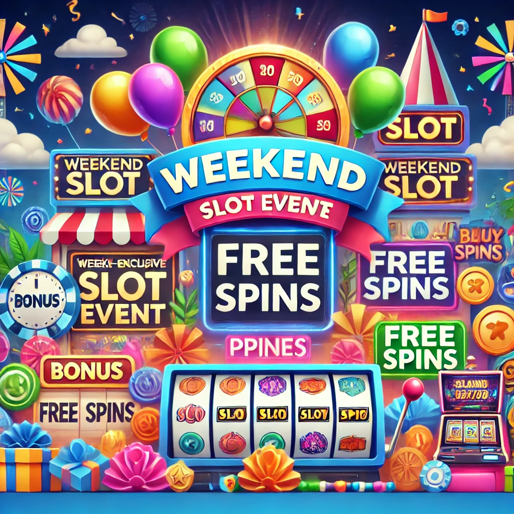 DALL·E 2024-11-14 12.18.01 - A vibrant scene illustrating a weekend slot event with icons of slot machines, bonus rewards, countdown timers, and festive banners. Emphasize weekend