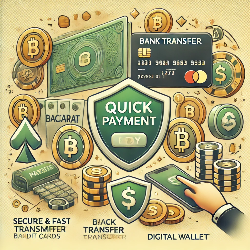 DALL·E 2024-11-14 12.37.48 - A detailed illustration showcasing various payment options for an online baccarat site, including credit cards, bank transfer, cryptocurrency, and dig