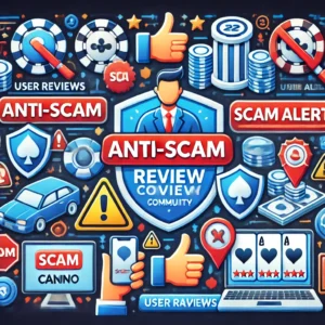 DALL·E 2024-11-14 12.51.49 - An illustration of an anti-scam review community focused on casino sites, featuring symbols like user reviews, scam alerts, verified badges, and trust