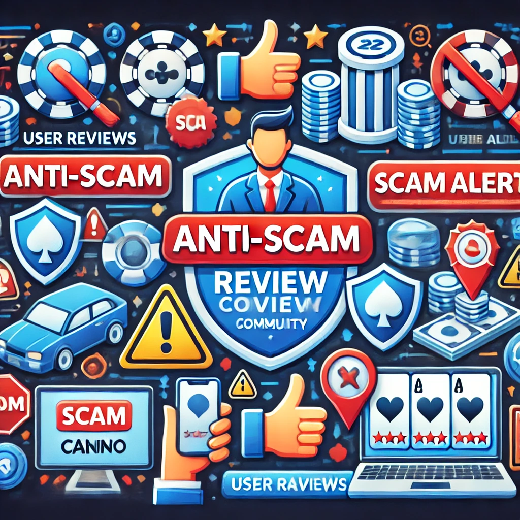 DALL·E 2024-11-14 12.51.49 - An illustration of an anti-scam review community focused on casino sites, featuring symbols like user reviews, scam alerts, verified badges, and trust