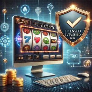 DALL·E 2024-11-15 16.38.53 - A sleek and professional illustration of a licensed online slot site. The image features a computer screen displaying a slot game with a 'Licensed and