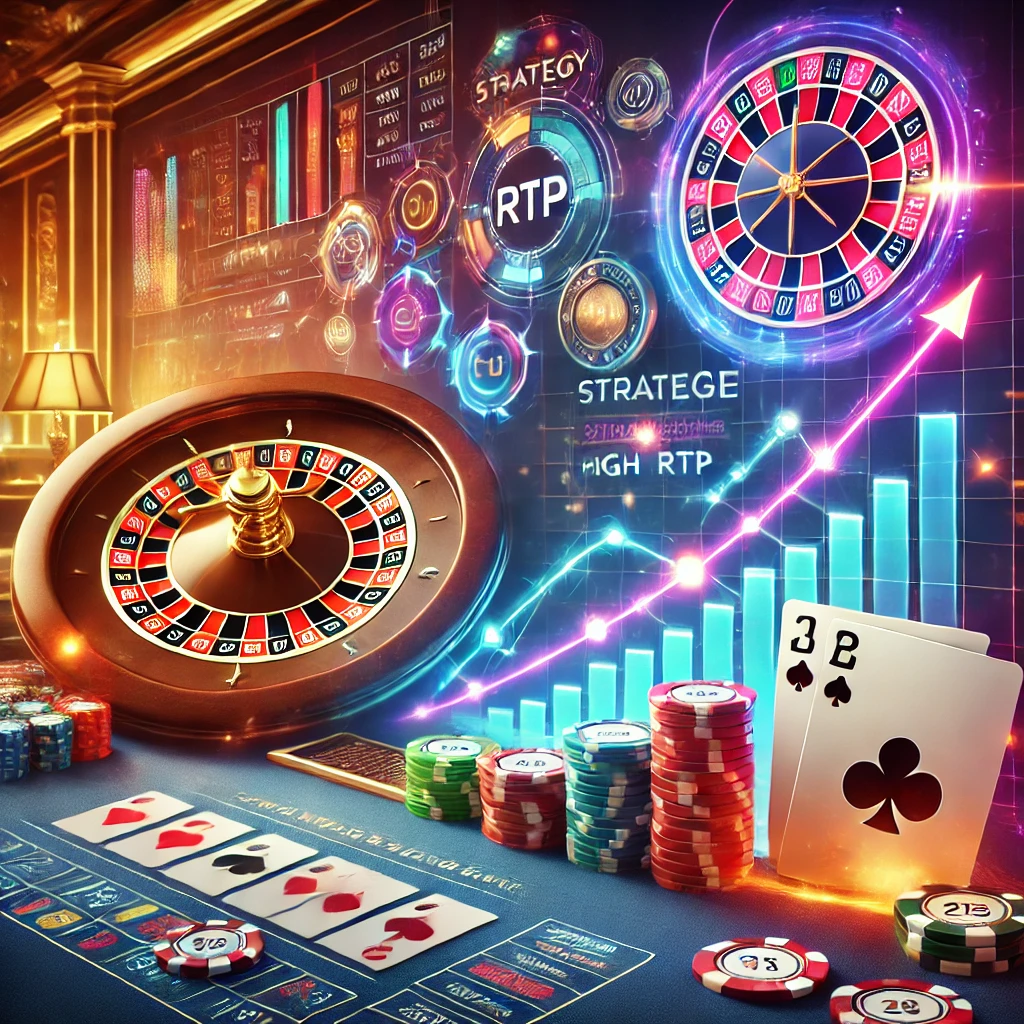 DALL·E 2024-11-15 16.55.04 - A vibrant and dynamic image showcasing strategies to increase casino winning odds. The scene features a roulette wheel, poker chips, and cards with st