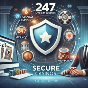 DALL·E 2024-11-18 11.15.59 - A professional promotional banner for secure casinos and customer support. The design includes icons representing 24_7 live chat support, a shield sym