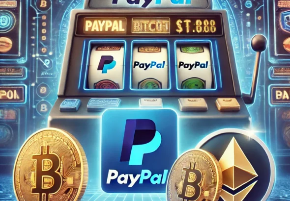 DALL·E 2024-11-20 12.15.48 - A digital concept of an online slot site featuring PayPal and cryptocurrency payment methods. The design includes icons of a PayPal logo, Bitcoin, and