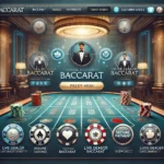 DALL·E 2024-11-20 12.19.51 - A premium baccarat site concept featuring seals of certification from gaming authorities, a luxurious interface with secure payment icons, and a dedic