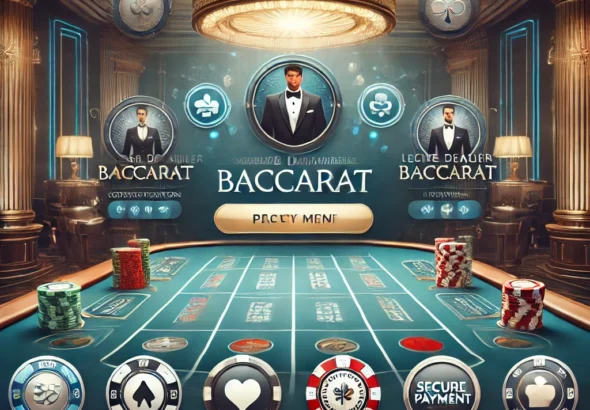 DALL·E 2024-11-20 12.19.51 - A premium baccarat site concept featuring seals of certification from gaming authorities, a luxurious interface with secure payment icons, and a dedic