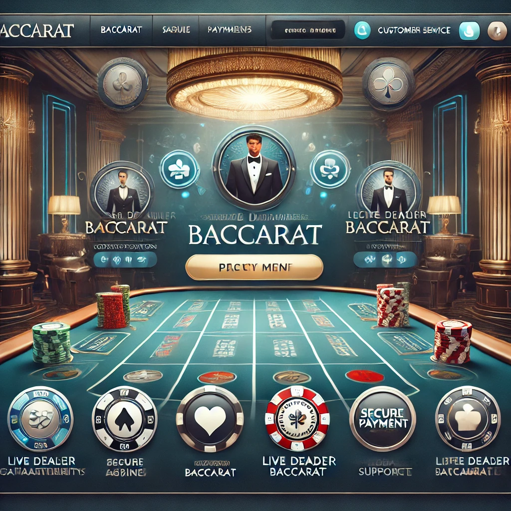 DALL·E 2024-11-20 12.19.51 - A premium baccarat site concept featuring seals of certification from gaming authorities, a luxurious interface with secure payment icons, and a dedic