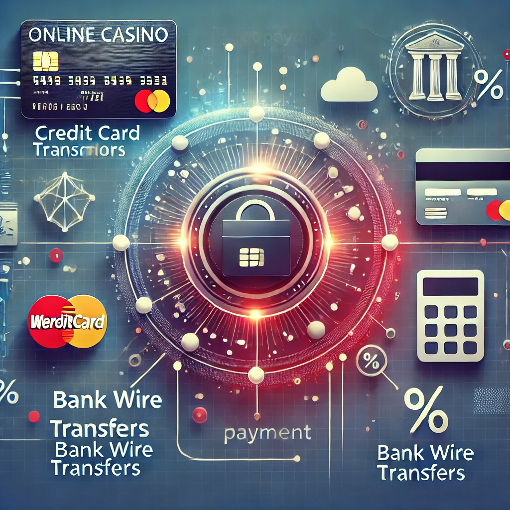 DALL·E 2024-11-20 12.23.24 - An artistic depiction of a secure online casino payment process featuring credit card transactions, bank wire transfers, and quick payment options lik