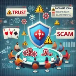 DALL·E 2024-11-20 12.28.18 - A conceptual illustration of users sharing baccarat scam experiences on a forum, with symbols of trust like shields and warning icons. The background