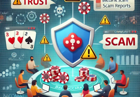 DALL·E 2024-11-20 12.28.18 - A conceptual illustration of users sharing baccarat scam experiences on a forum, with symbols of trust like shields and warning icons. The background